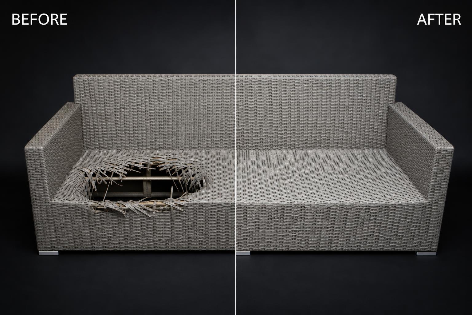 Woven Outdoor Sofa shown before and after restoration