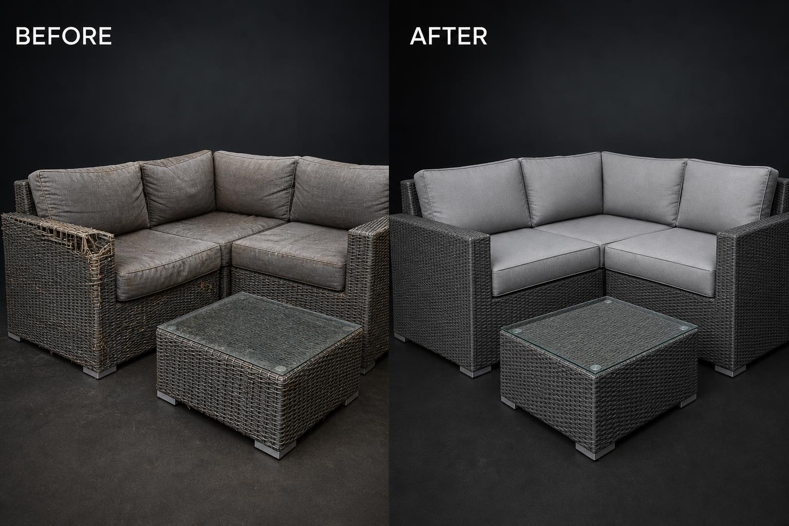 Synthetic Rattan Corner Sofa shown before and after restoration