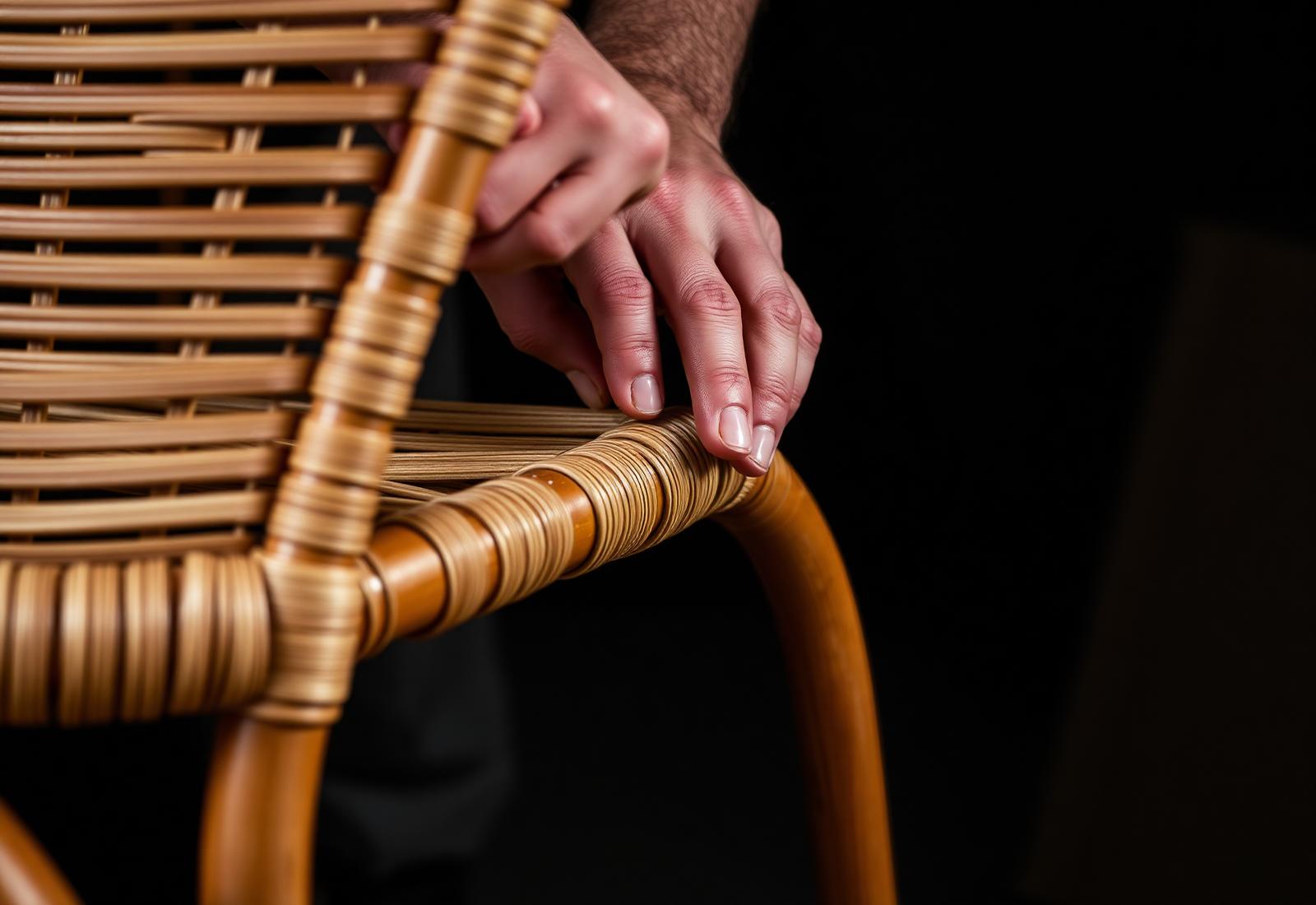 Hands hand-weaving rattan onto a furniture frame